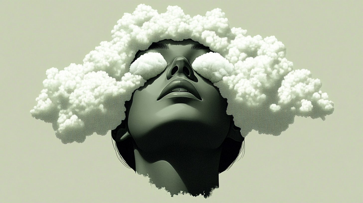 Abstract woman with clouds covering head, white cotton pads.