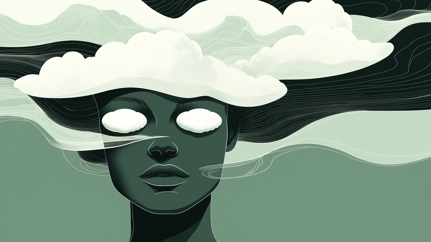 Abstract woman with clouds on head, geometric minimal design.