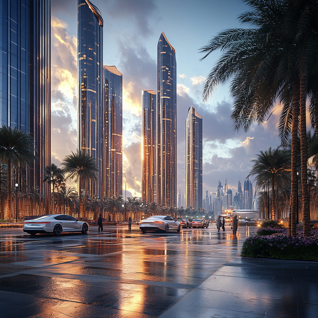 Abu Dhabi city view showing luxury cars, skyscrapers.