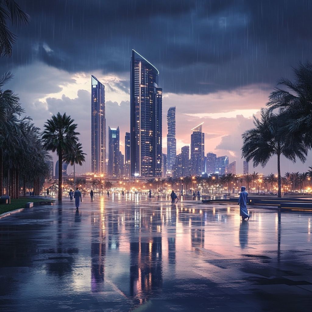 Abu Dhabi city view with Arabic people, rainy day.