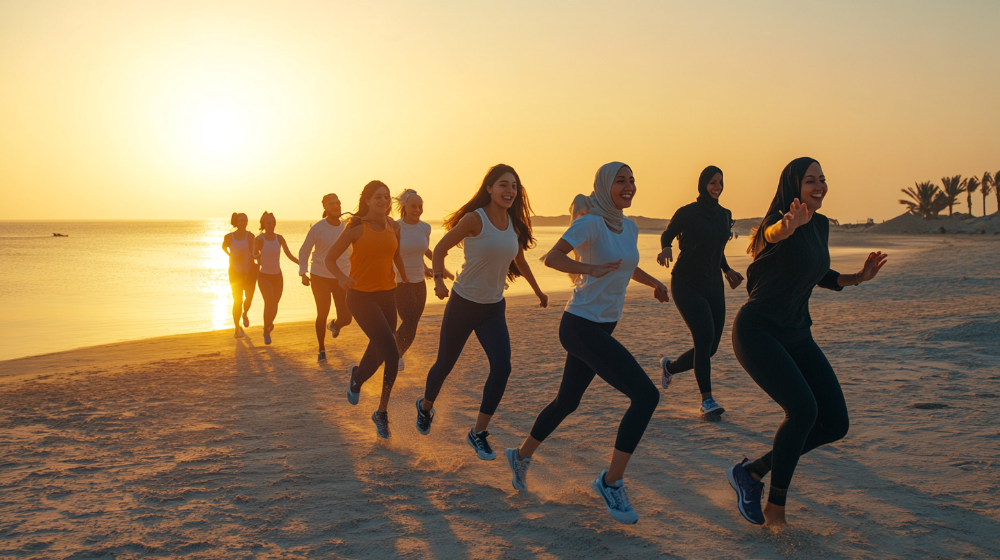 Abu Dhabi fitness group, mix of normal and hijabi.