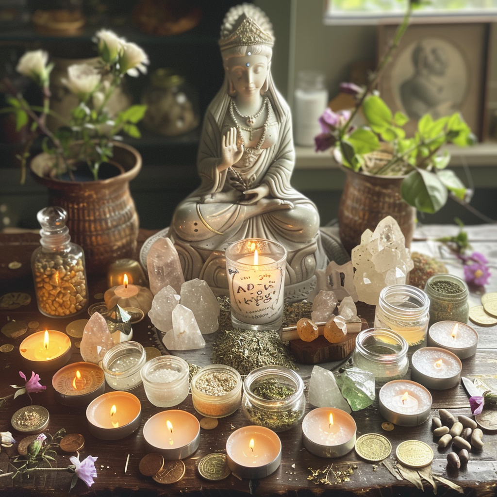 Abundance altar with candles, herbs, crystals, coins, goddess statue.