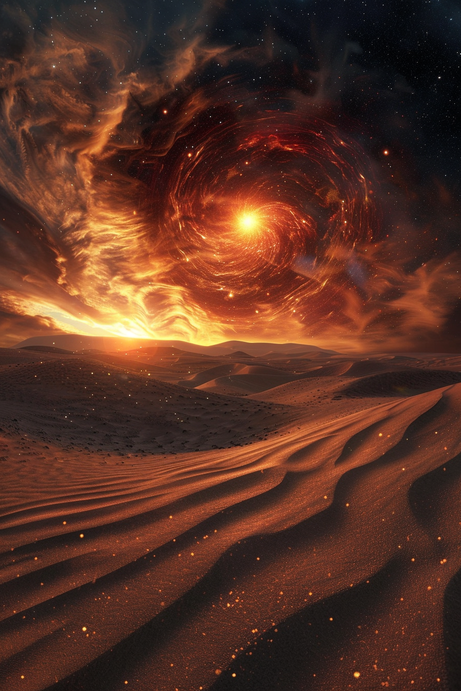 Accretion of star on white dwarf, alien desert scene.