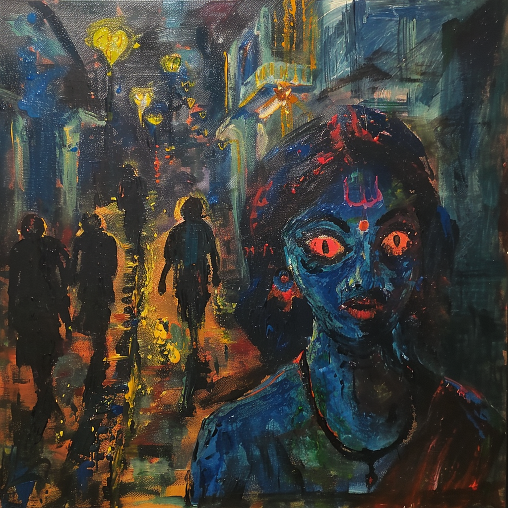 Acrylic painting of Goddess Kali in dark alley.