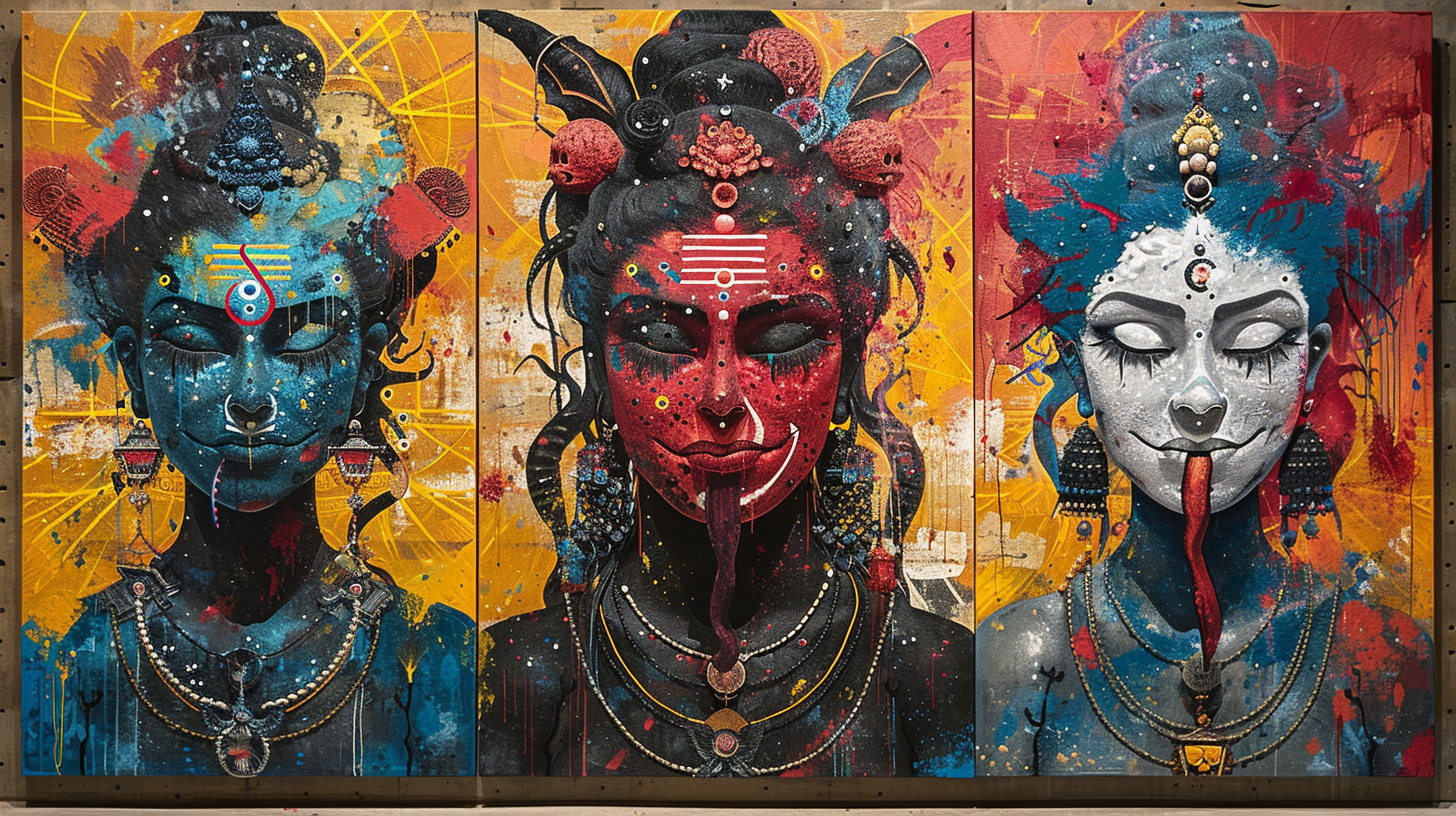 Acrylic painting of Goddess Kali with three moods.