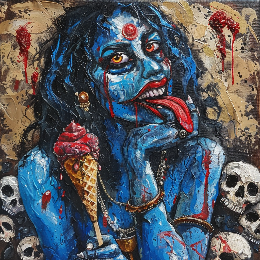 Acrylic painting of blue-skinned goddess Kali enjoying icecream.