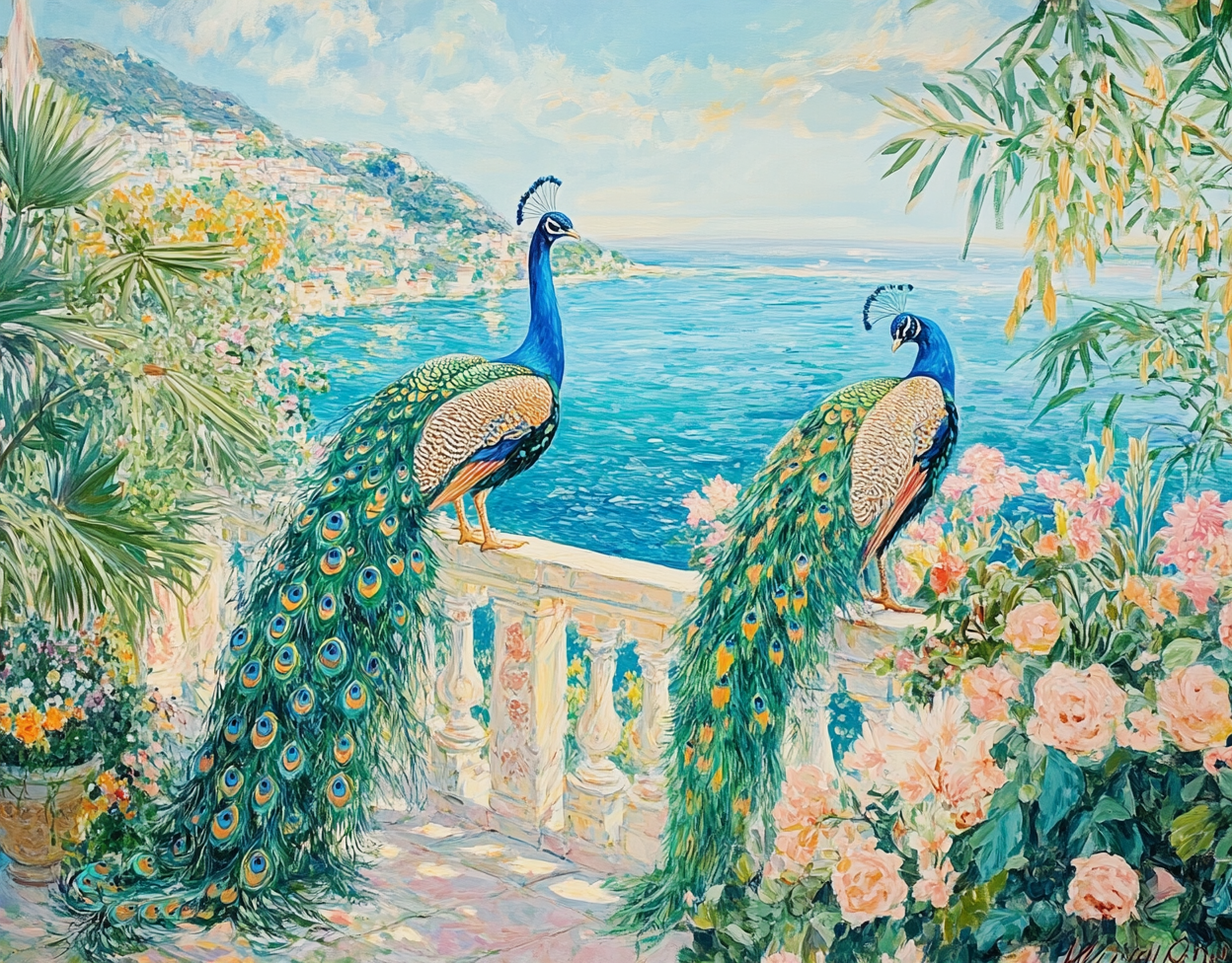 Acrylic painting of two peacocks in a garden.