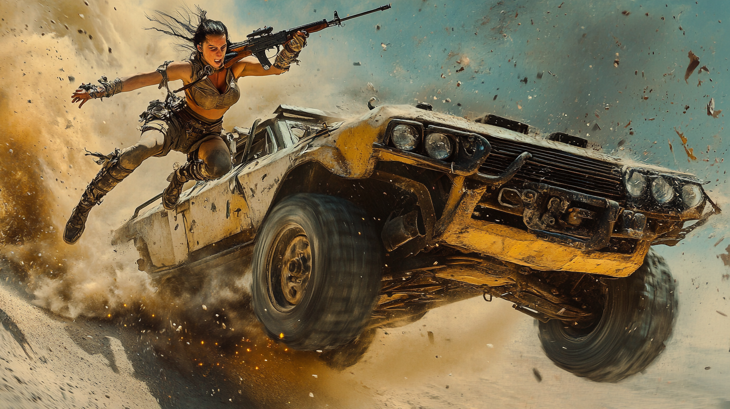 Action shot of Mad Max style 20s female.