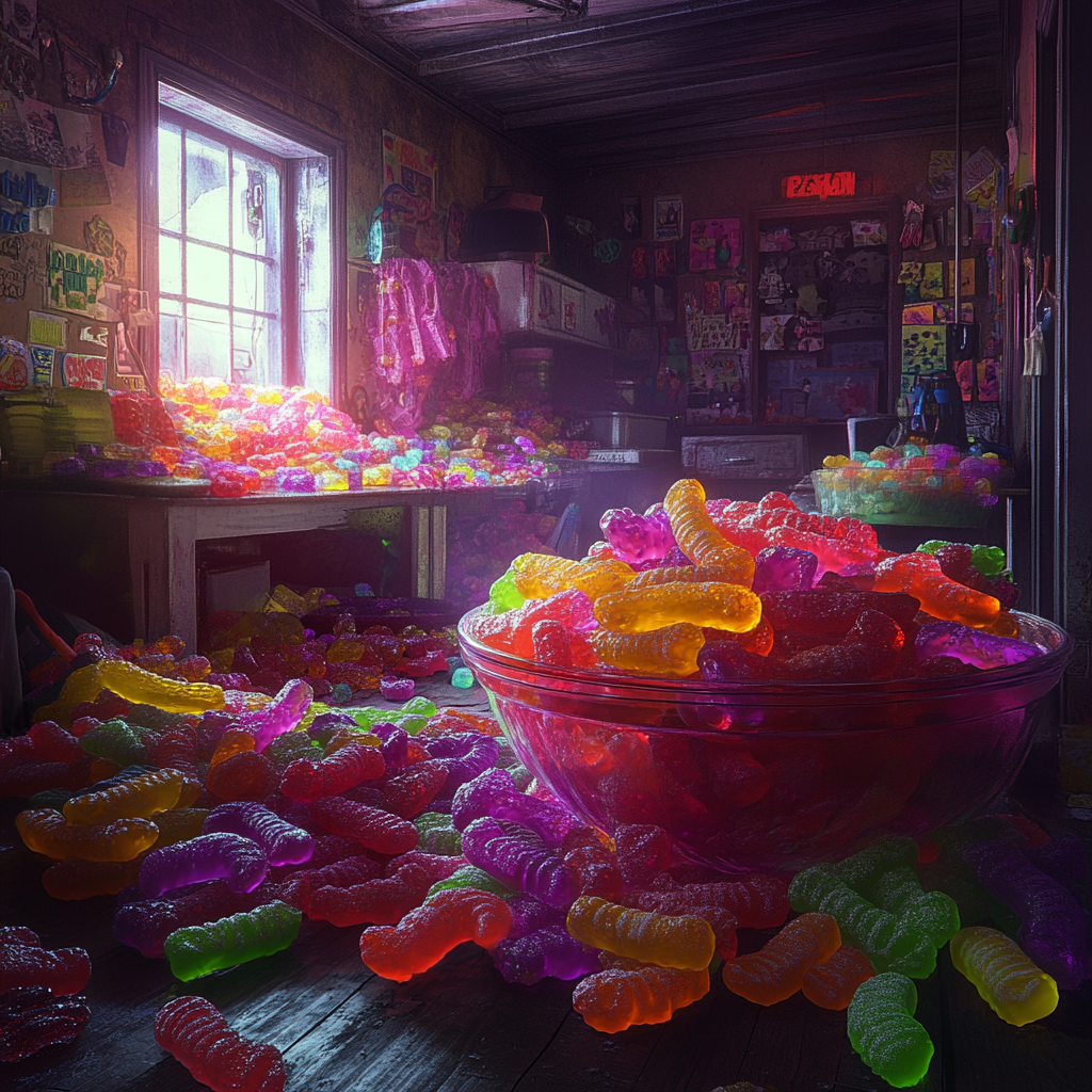 Addicted person surrounded by colorful, bright gummy candy shapes.