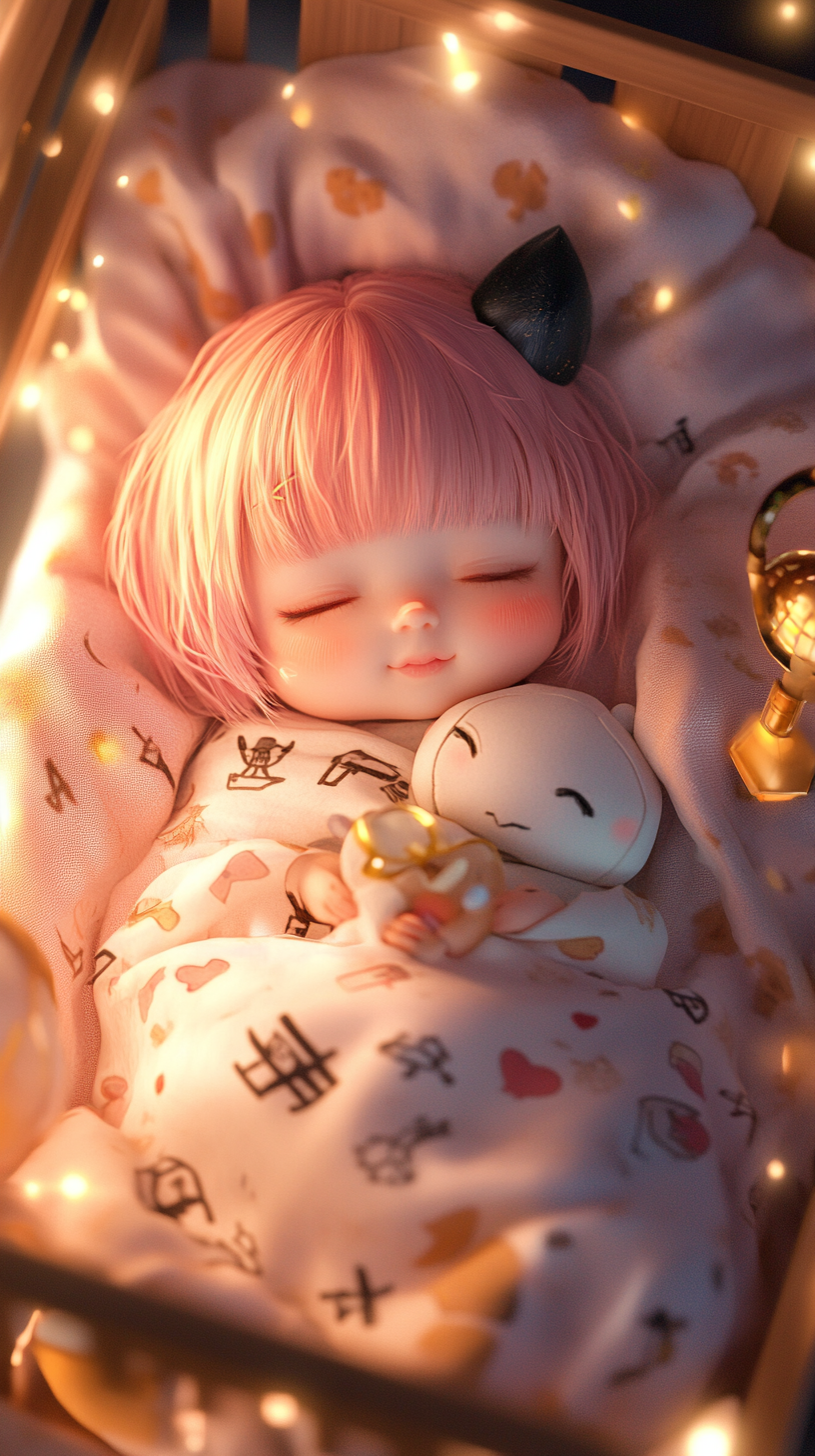 Adorable Baby Anya sleeping with Chimera doll plush.