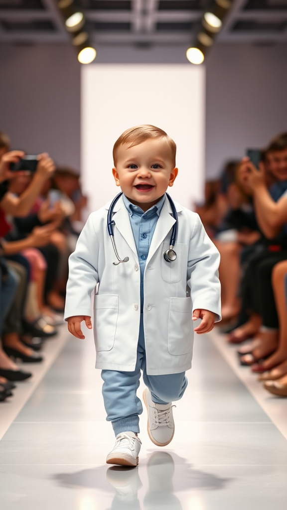 Adorable Baby Doctor Struts in Stylish Runway Aesthetic.