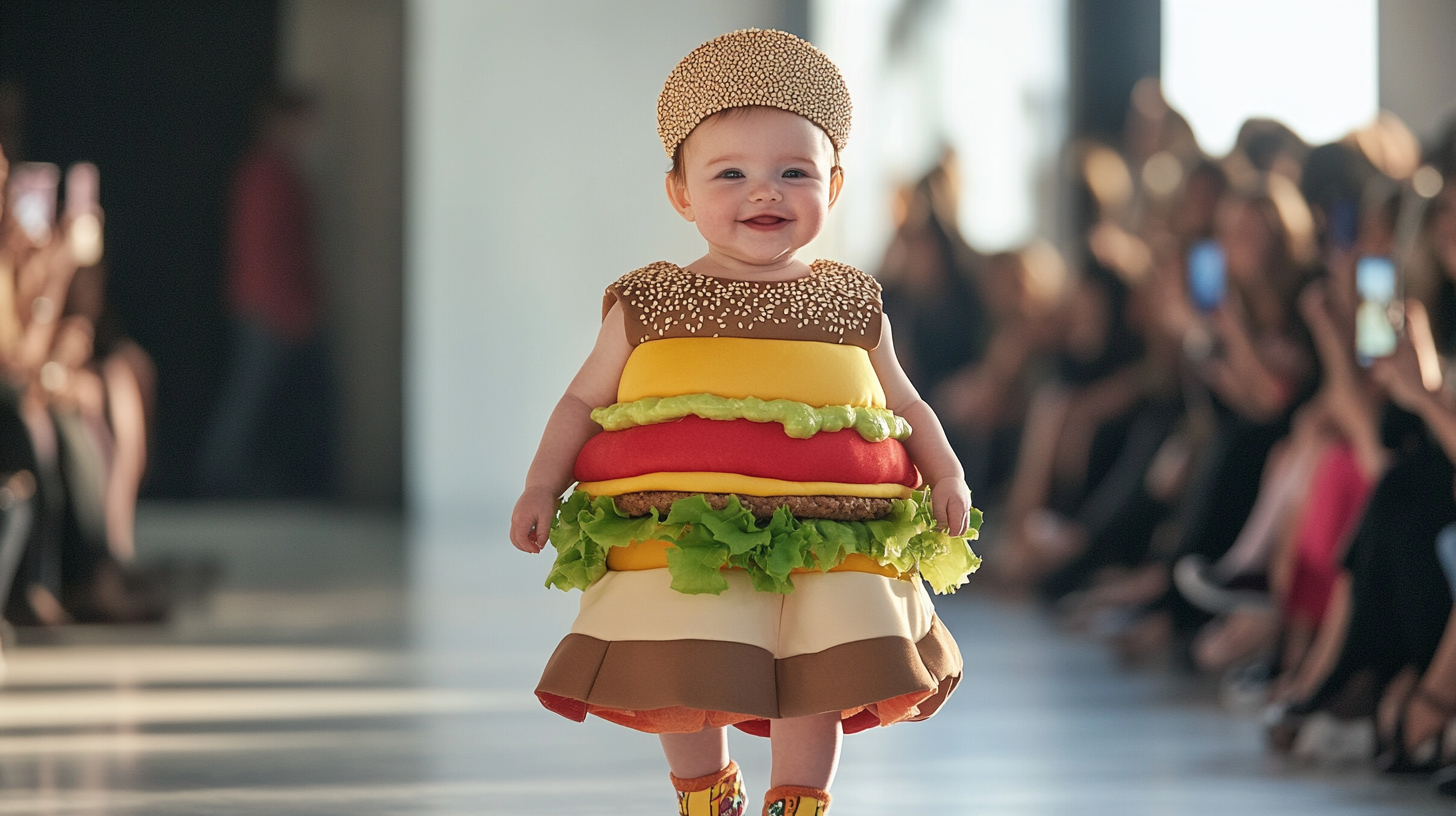 Adorable Baby Fashion Show in Hamburger Costume 