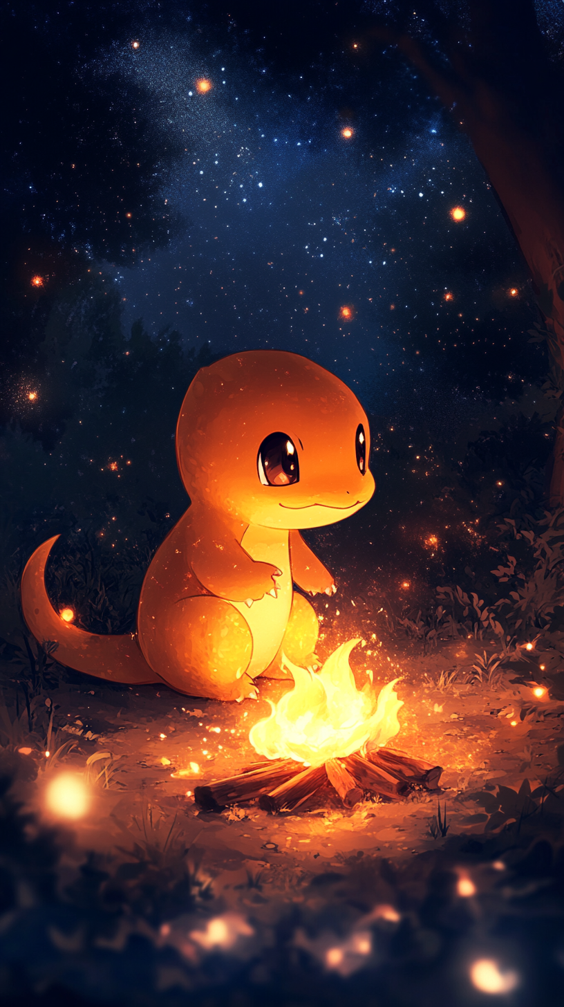 Adorable Chibi baby Charmander by glowing campfire at night.