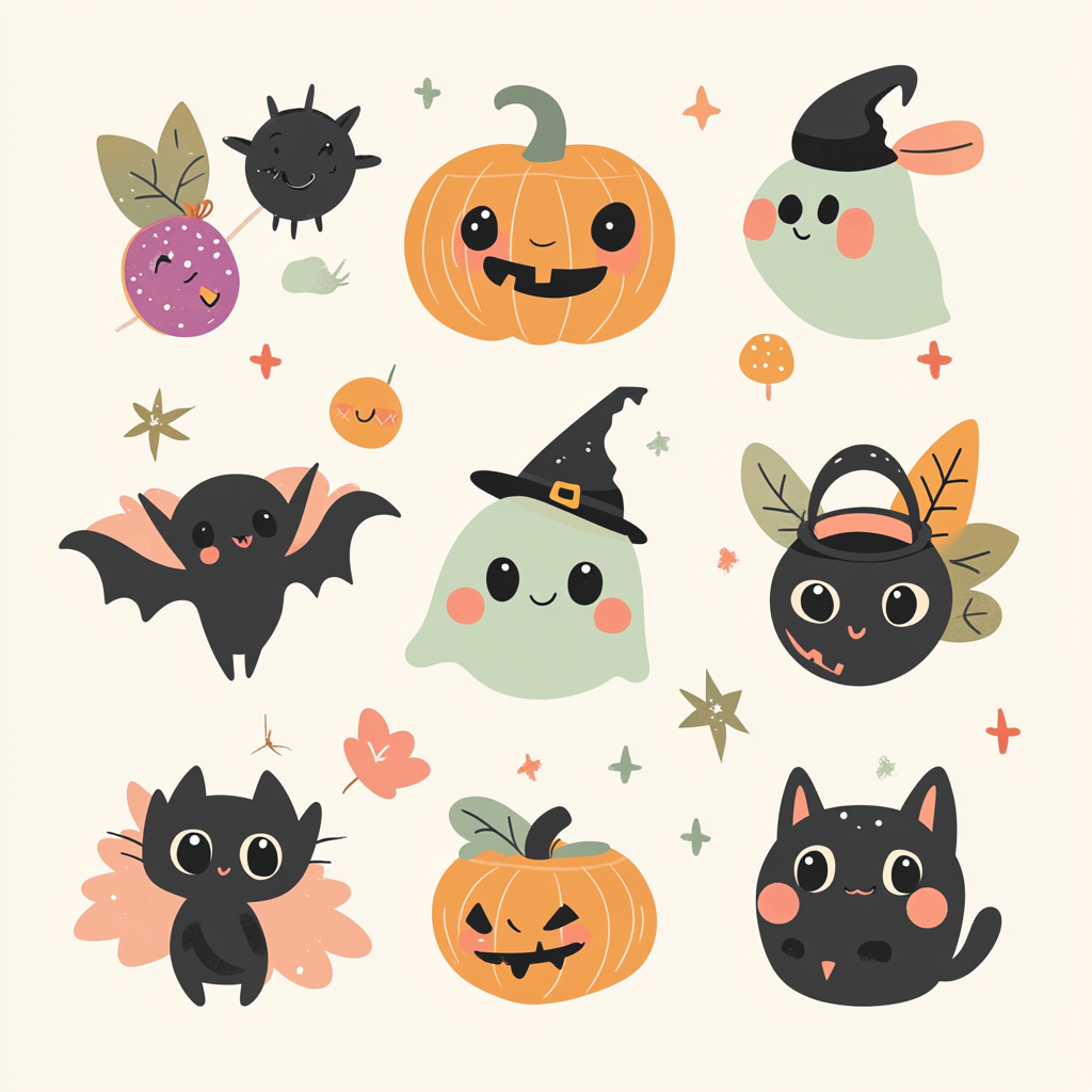 Adorable Halloween Vector Icons Collection: Jack-o'-lantern, Ghost, Witch's Hat, Bat, Cat