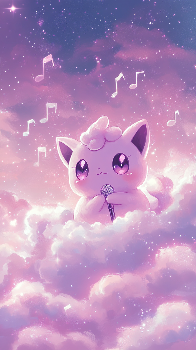 Adorable Jigglypuff sings on fluffy cloud in sky.