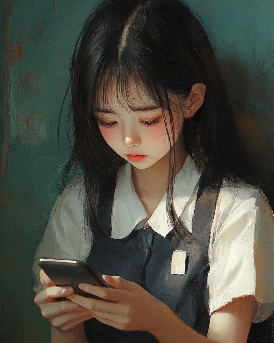 Adorable Korean high school girl looking sad on phone.