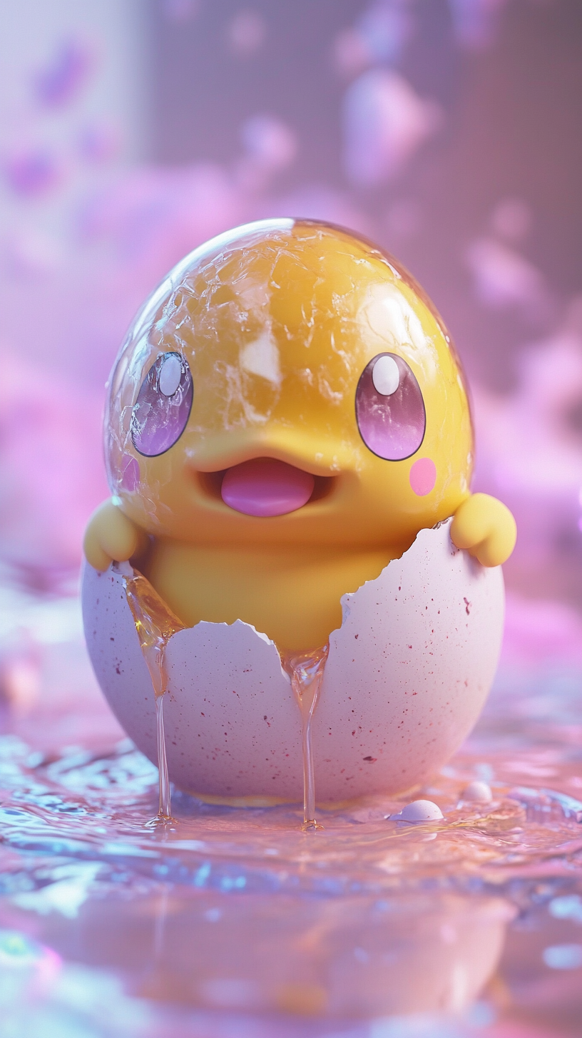 Adorable Psyduck emerges from colorful cracked egg. Confused cutie.