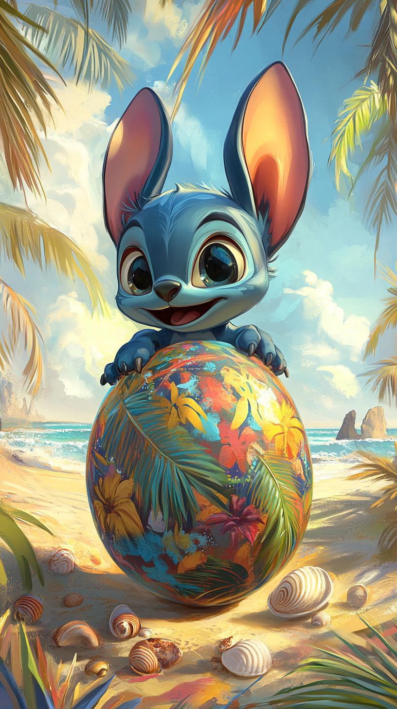 Adorable Stitch in colorful egg on tropical beach scene.