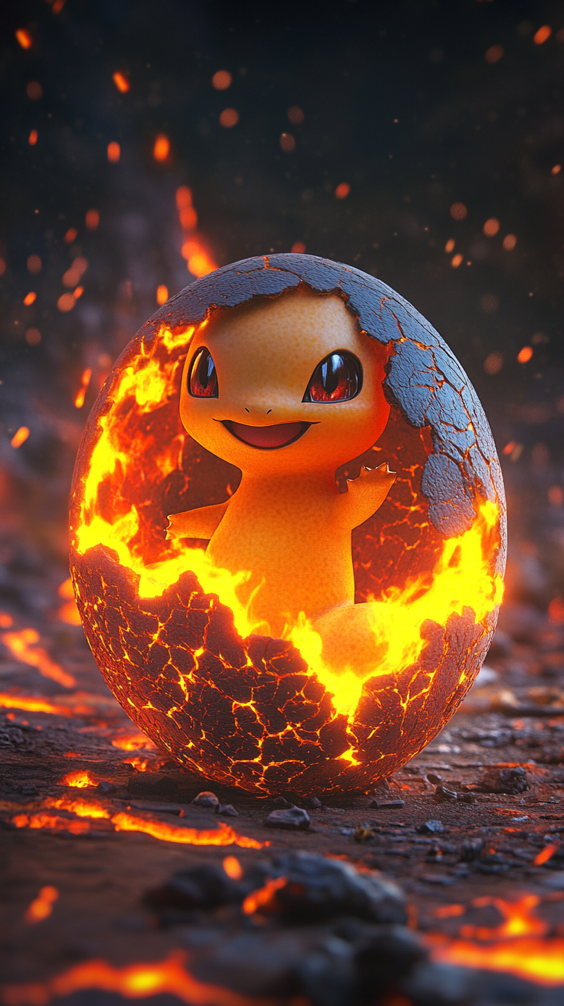 Adorable baby Charmander hatching from fiery cracked egg.