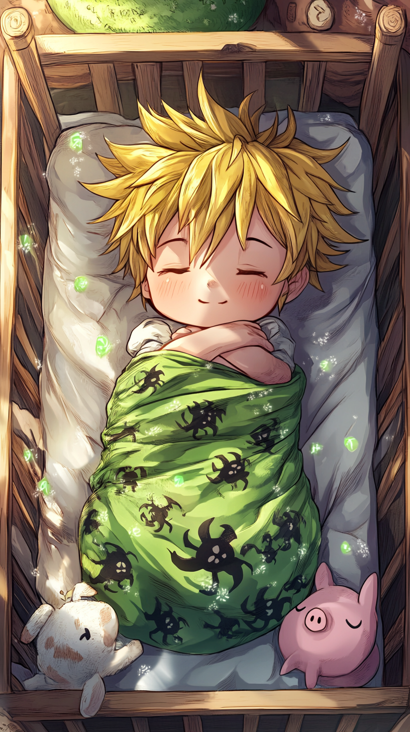 Adorable baby Meliodas sleeps peacefully in magical crib.