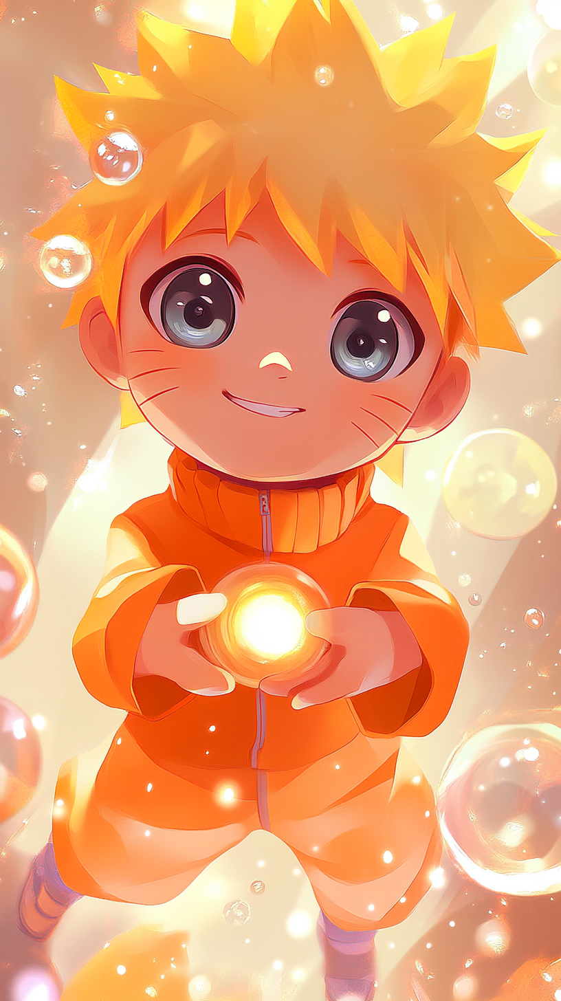 Adorable baby Naruto in cute 'uwu' style with chakra.