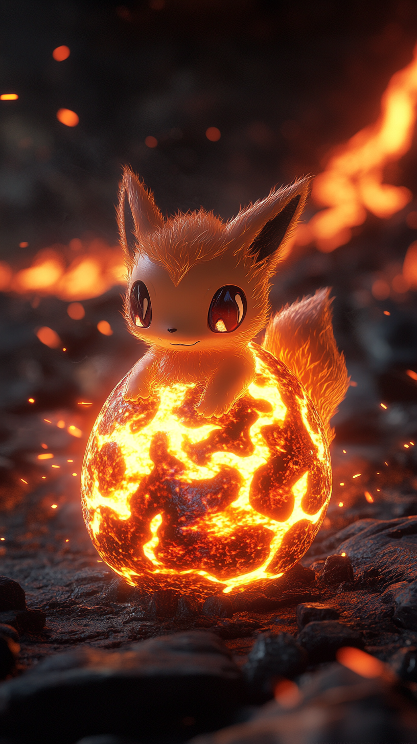 Adorable baby Vulpix hatches from fiery egg. Volcanic background.