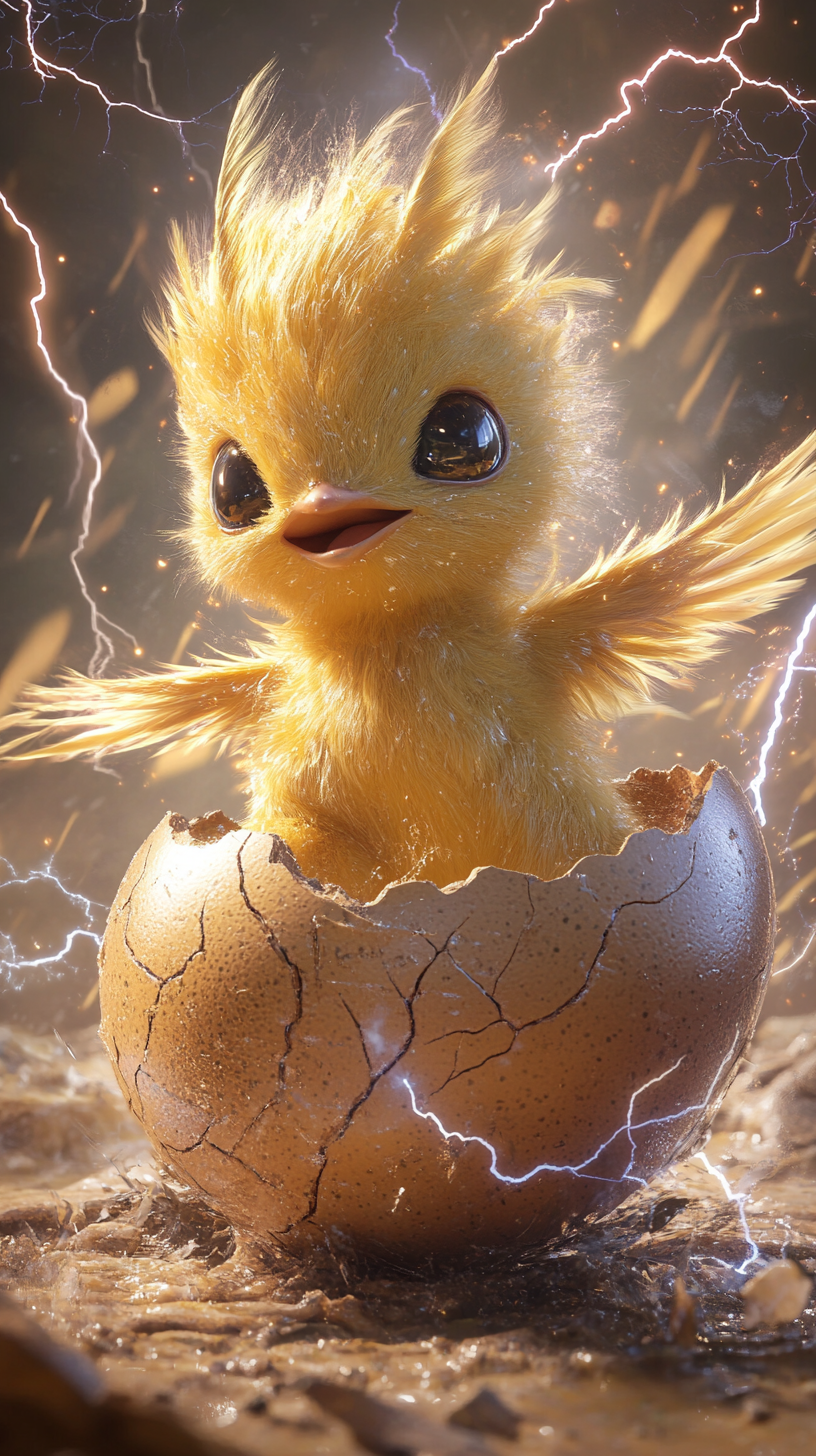 Adorable baby Zapdos hatching from lightning-charged egg.