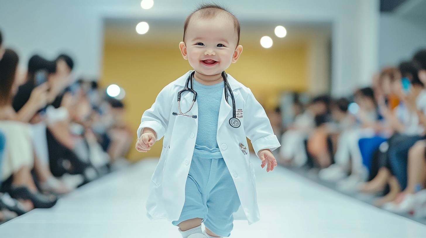 Adorable baby in doctor outfit, confidently strutting runway.