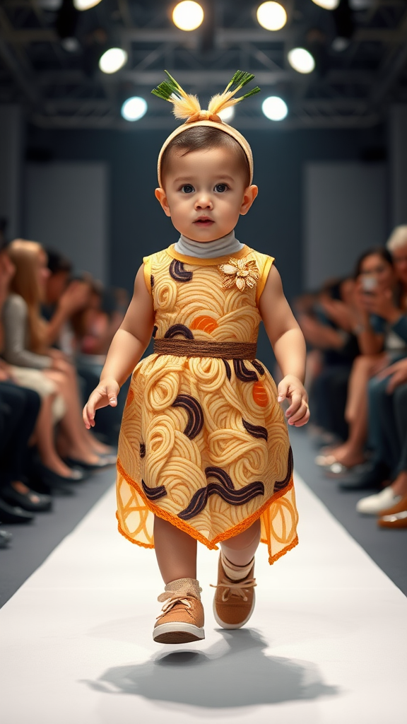 Adorable baby struts in ramen-themed fashion show.