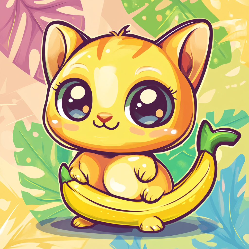 Adorable chibi cat with banana-shaped body and cheerful expression.