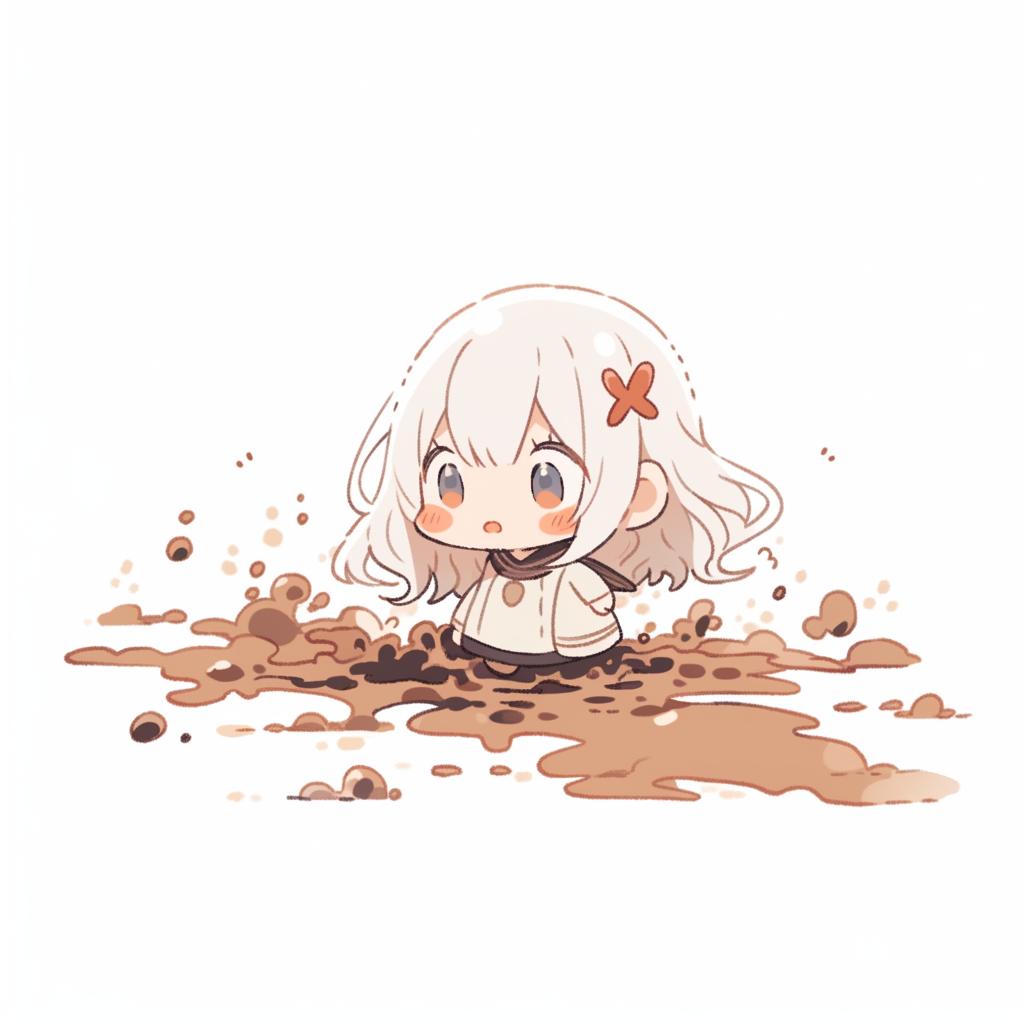 Adorable chibi girl surprised by spilled coffee.