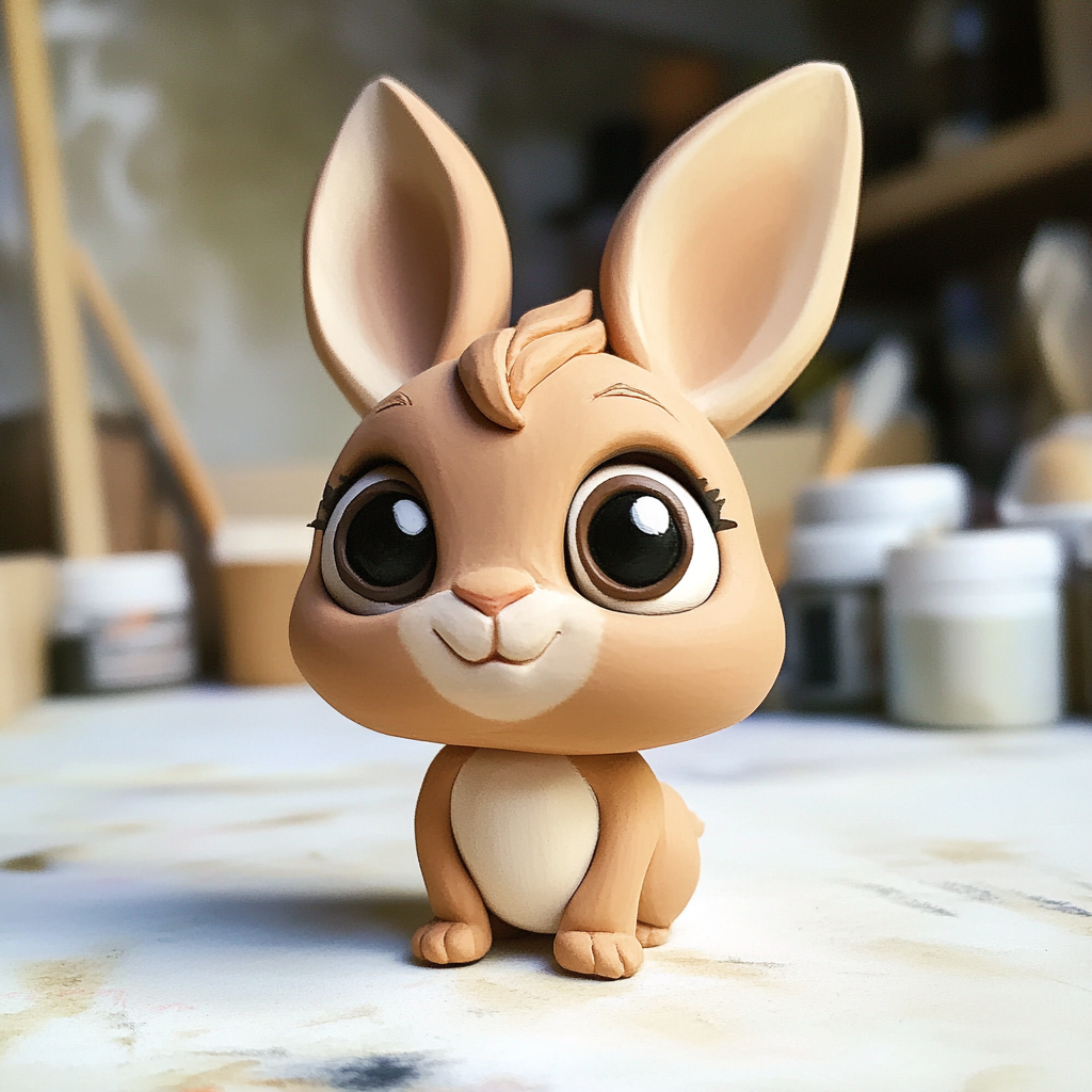 Adorable clay baby bunny with big eyes and smile