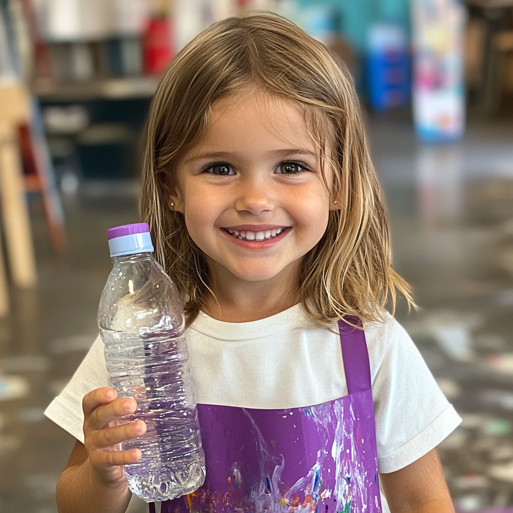 Adorable girl in white shirt and purple apron.