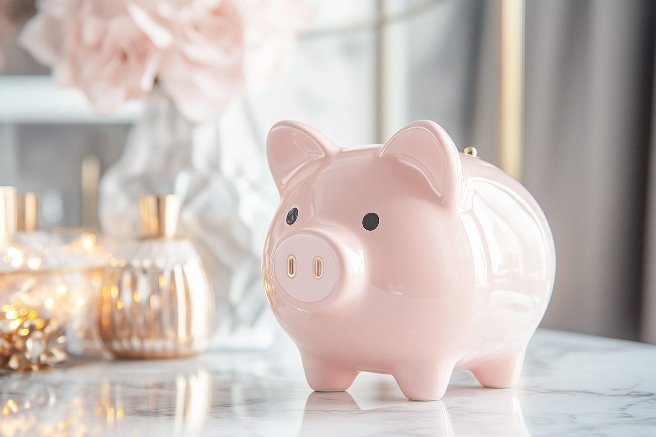 Adorable pink piggy bank on marble surface