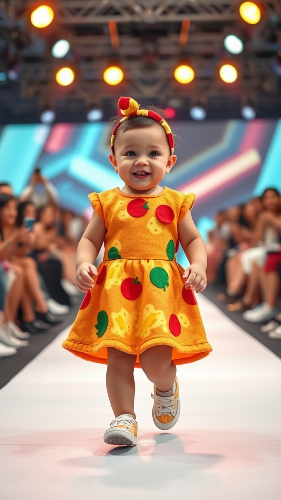 Adorable pizza baby struts on festive runway.