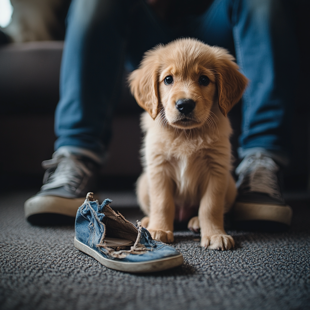 Adorable puppy with owner, torn shoe nearby, indoors shot.