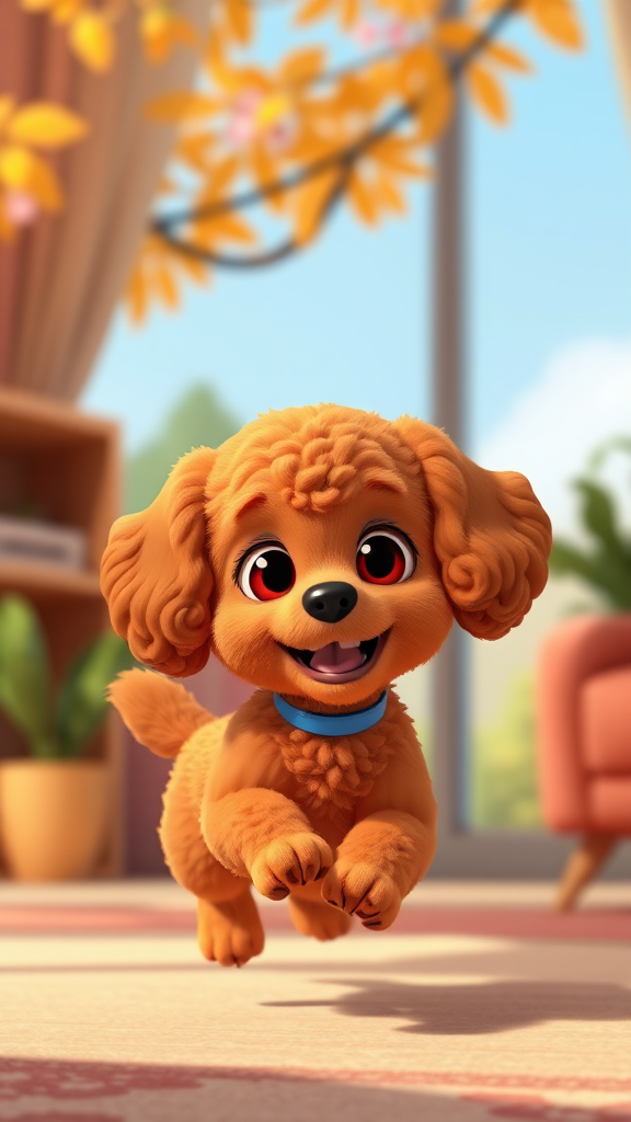 Adorable red Cavapoo in playful Pixar-style animation