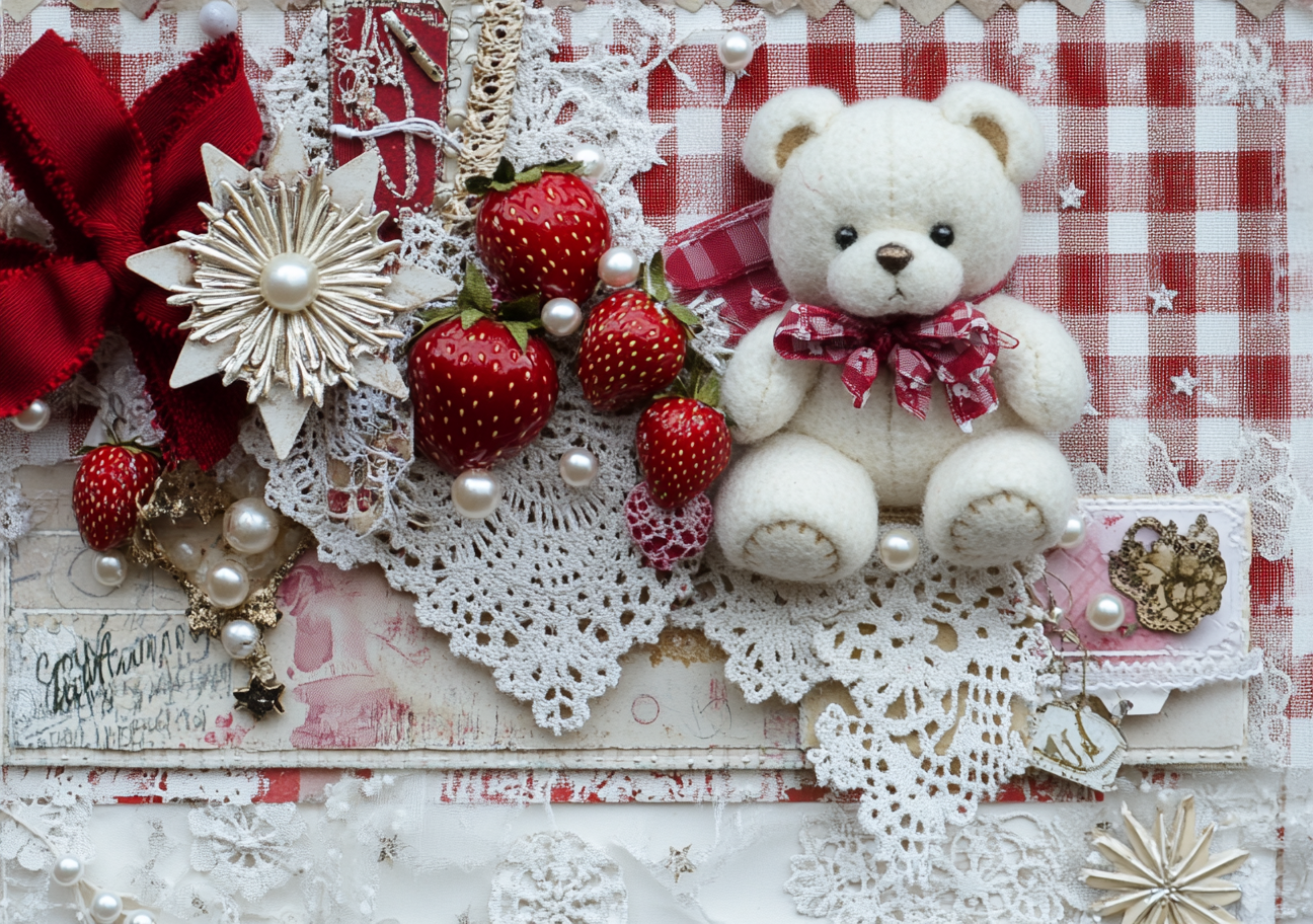 Adorable scrapbook page with teddy bear and strawberries