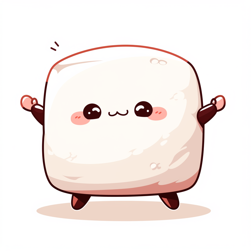 Adorable tofu character with black lines in pastel colors.