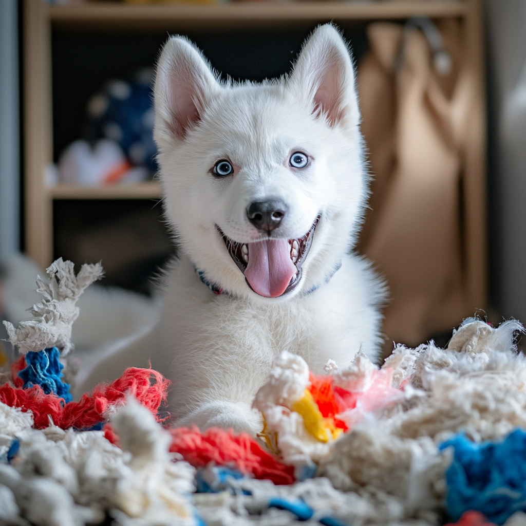 Adorable white husky puppy sitting with torn toys.