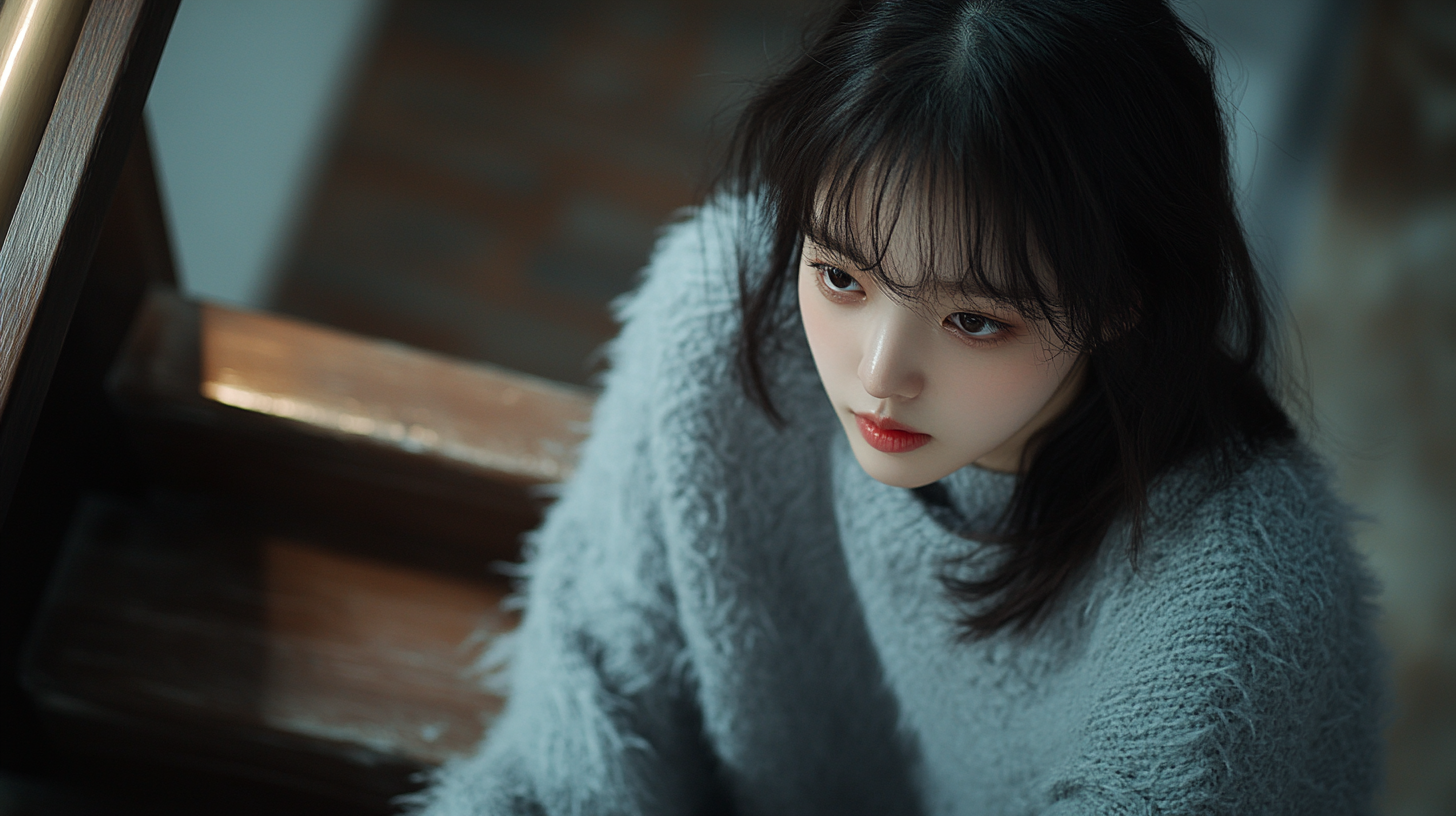 Adorable young girl climbing stairs in cozy house.