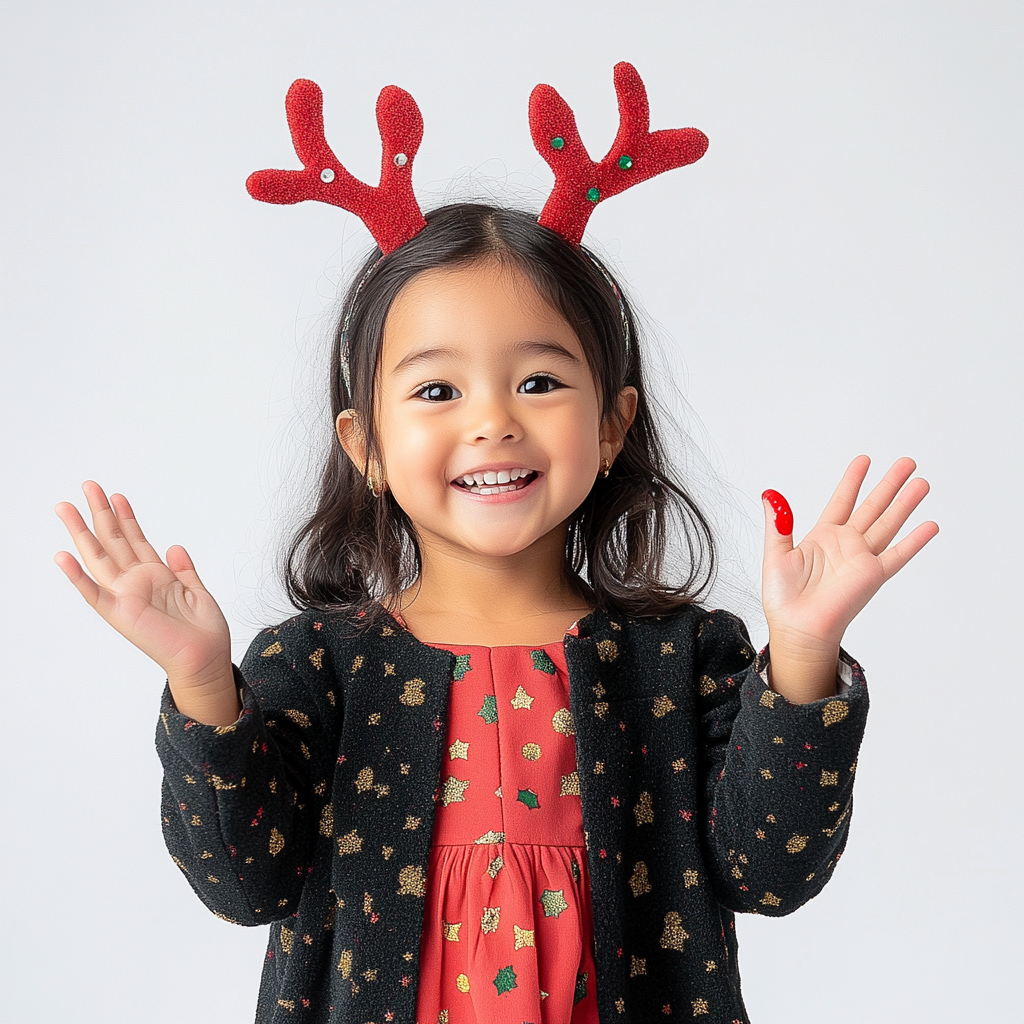 Adorable young girl with reindeer antlers and red nose