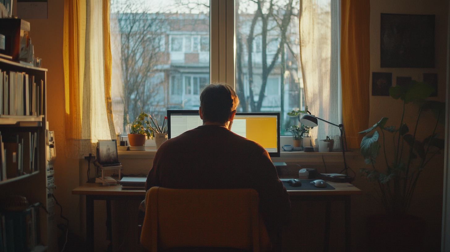 Adult Man Working on Computer in Morning Light