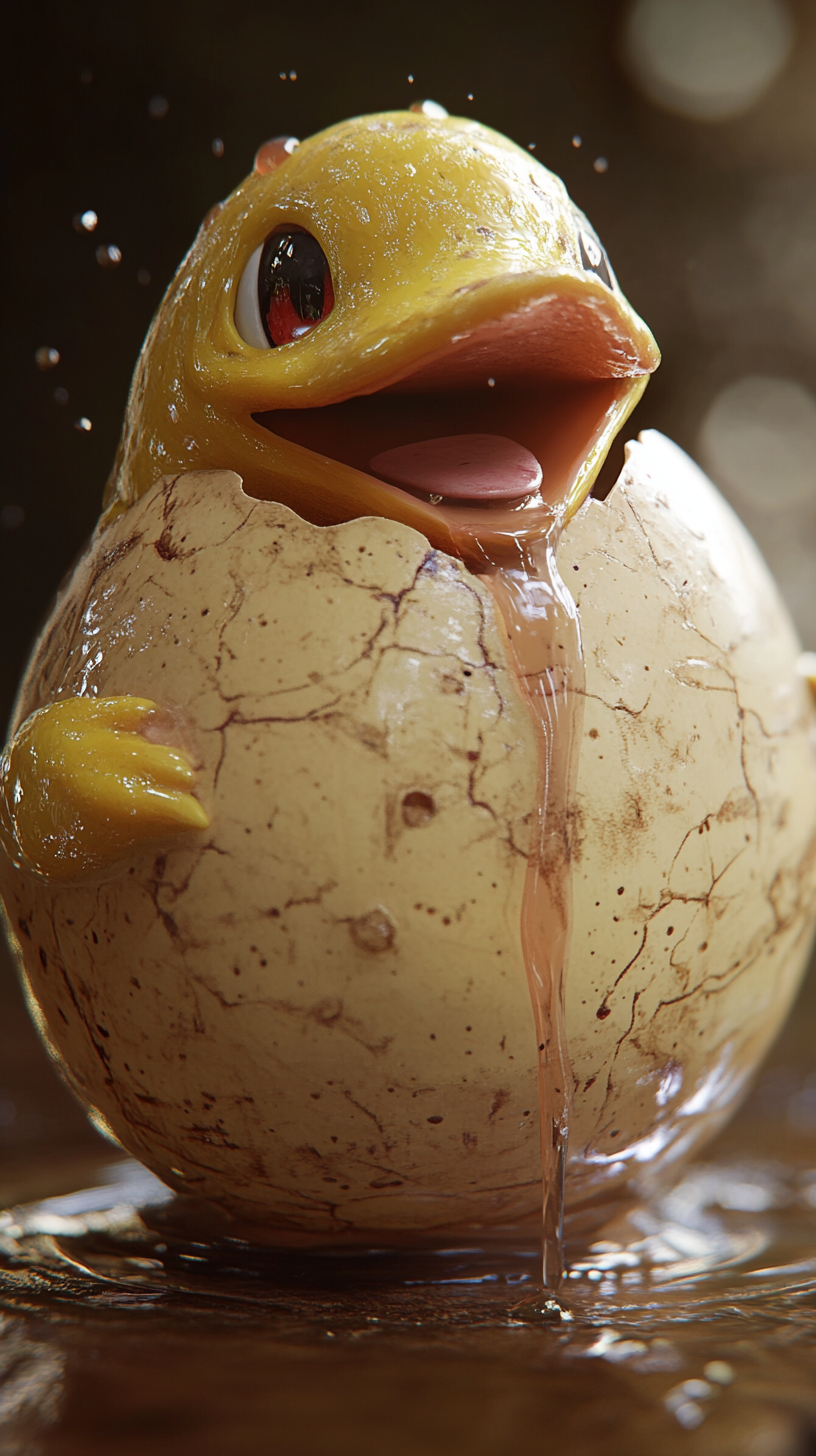 Adult Psyduck Pokémon hatching from egg with liquid drip.