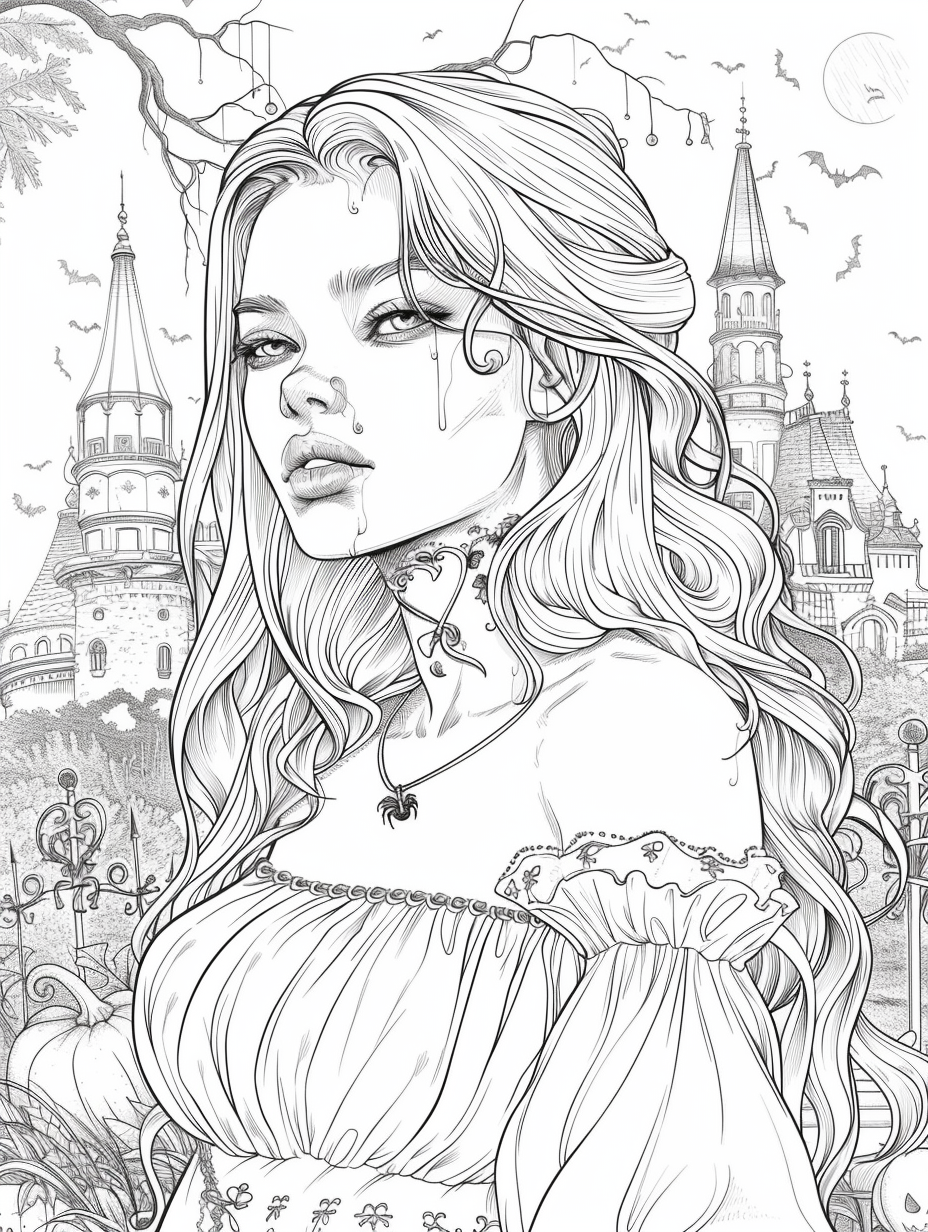 Adult coloring book page: gothic girl, Halloween scene.