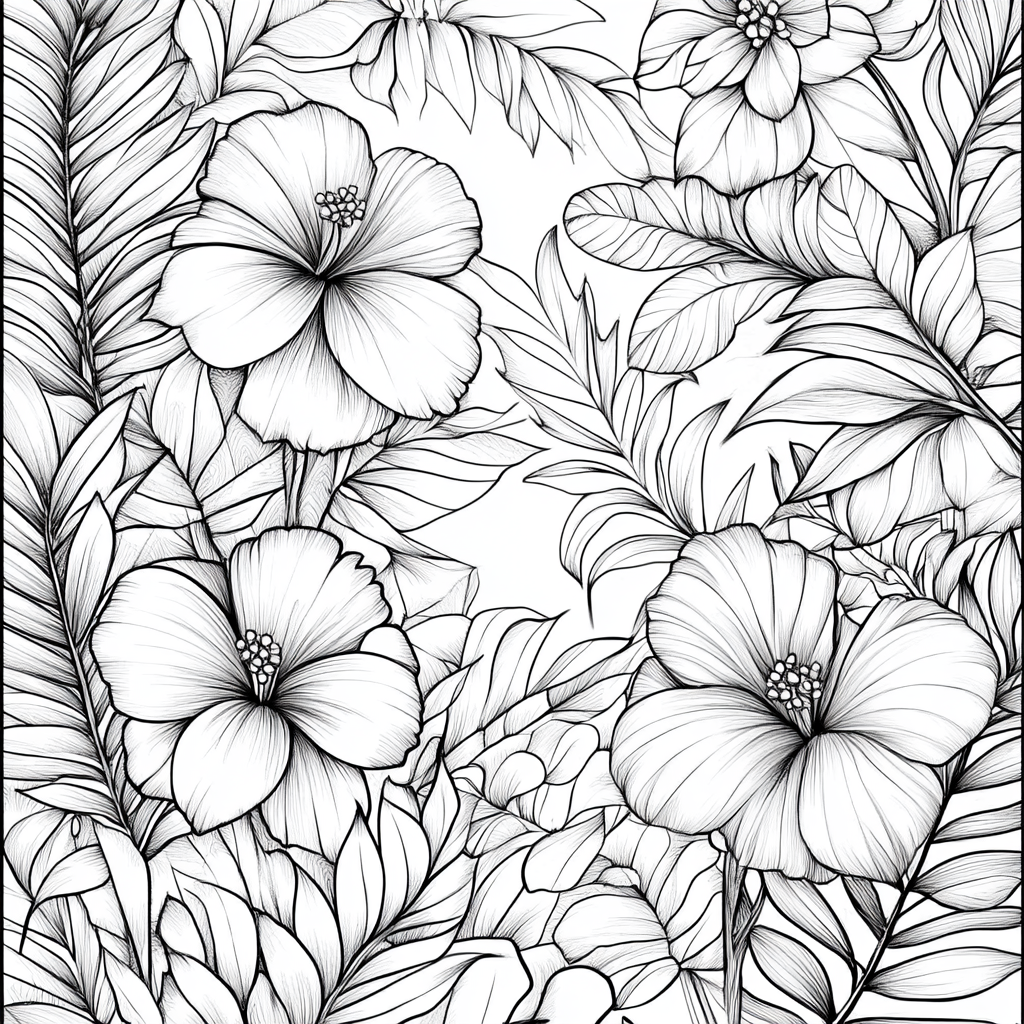 Adult coloring book with botanical theme, elegant with clean lines.