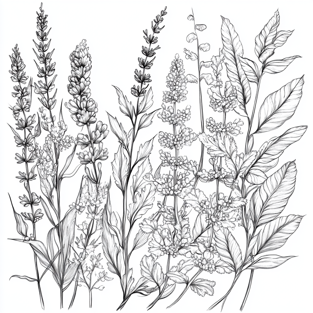 Adult coloring book with detailed line drawings of plants