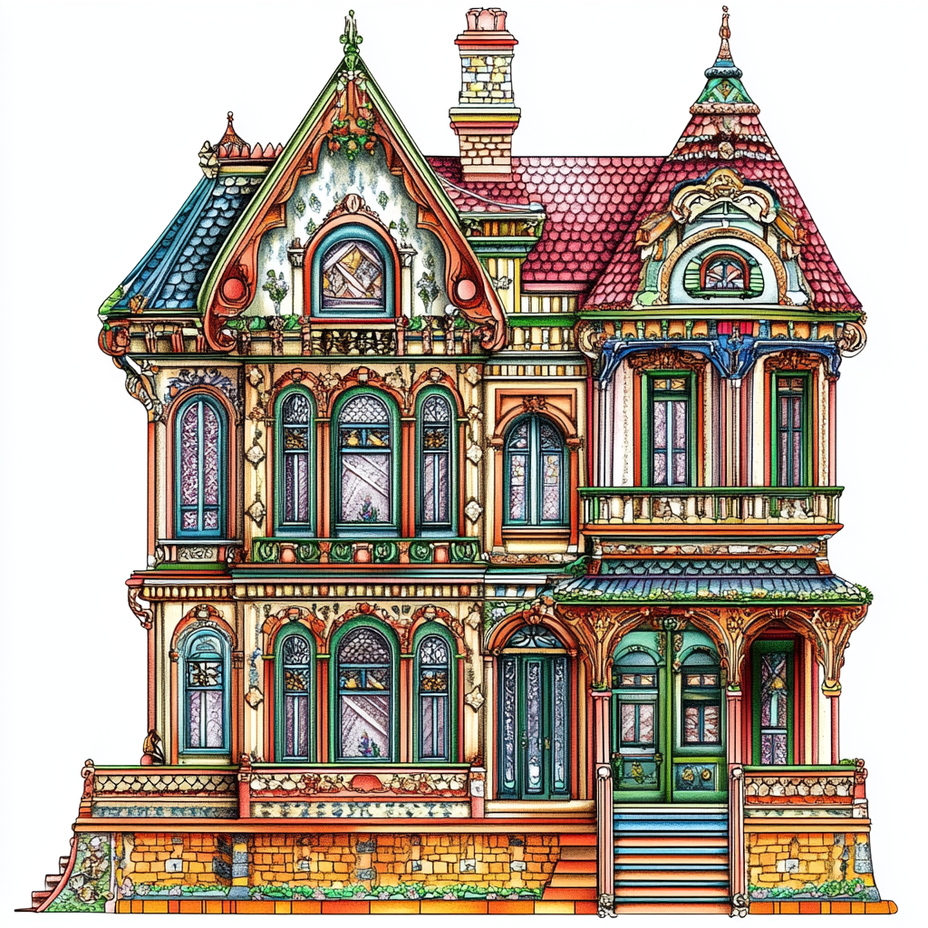 Adult coloring page of doll house with vibrant colors.