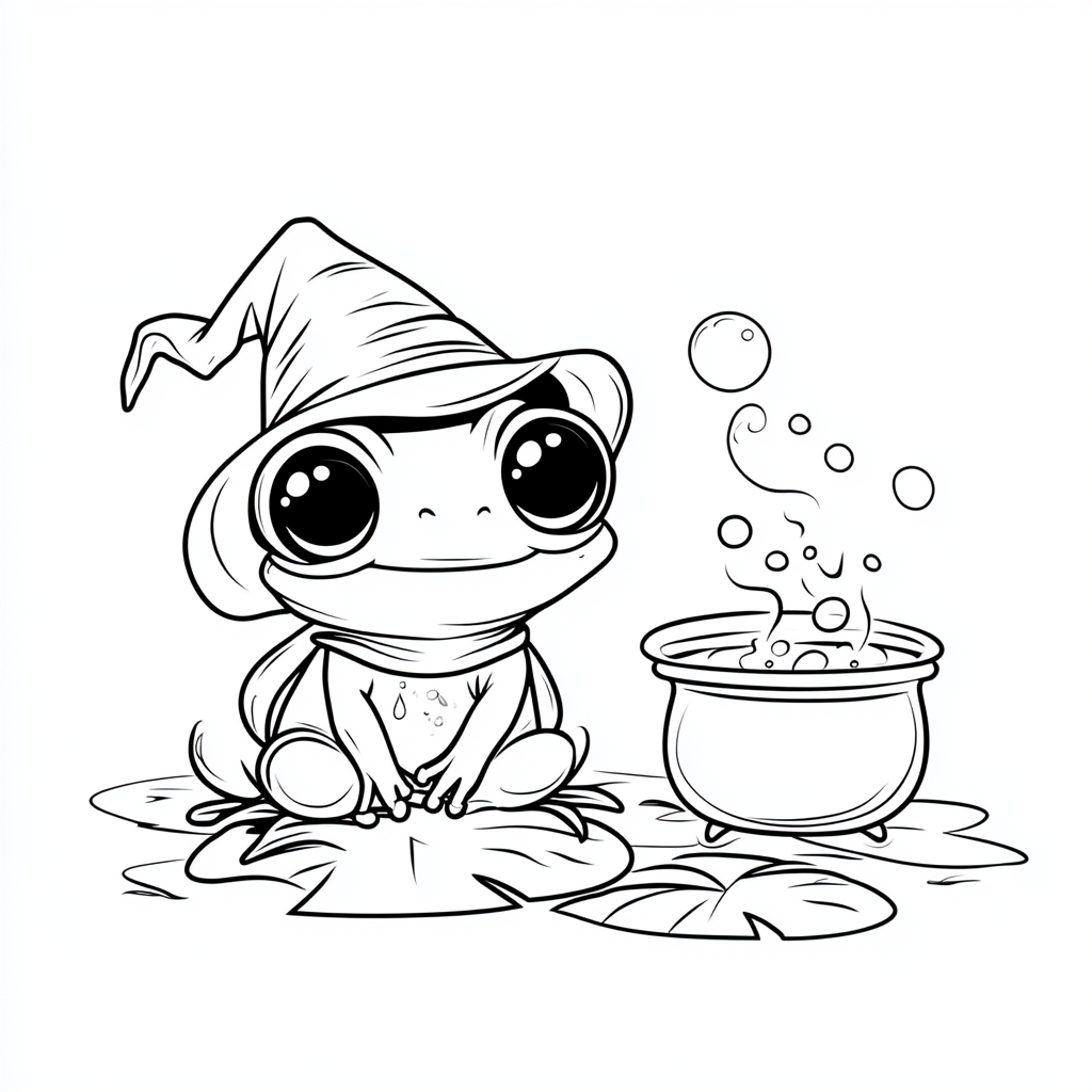 Adult coloring page with frog in witch's hat.