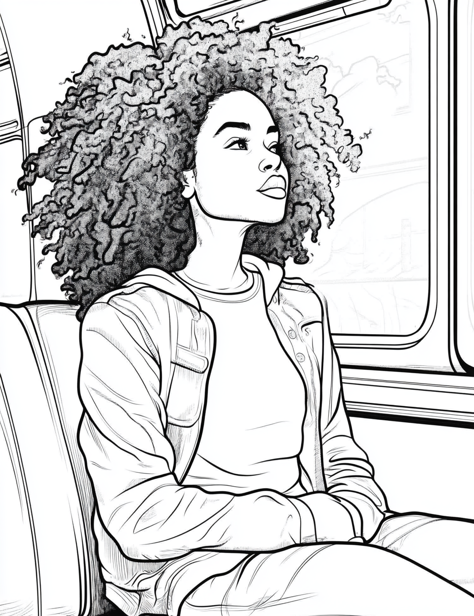 Adult coloring page: girl with Afro hair on train.